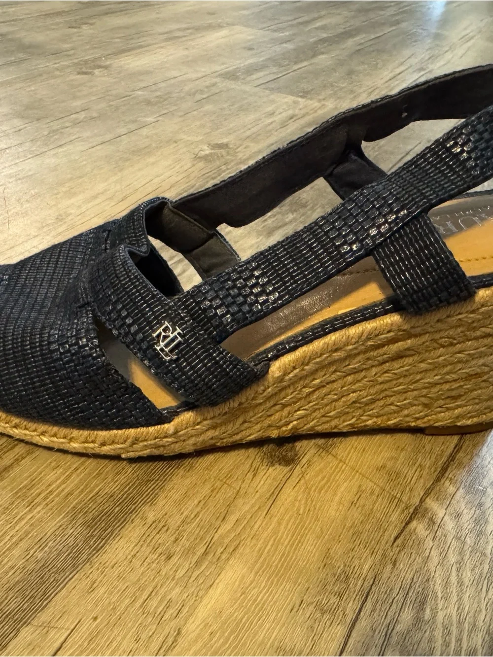 Ralph Lauren Penelope Navy Woven Slingback Espadrille Wedge Sandals Jute Toe 10